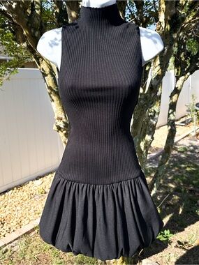 Zara Black Ribbed Cutout Dress Bubble Hem Mini Bodycon Mock Neck Size S